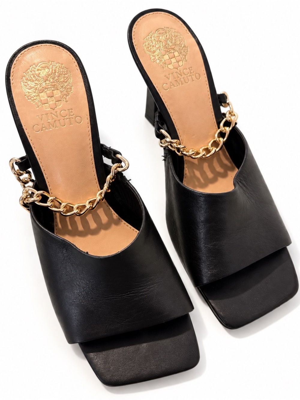 Vince Camuto Black Leather Block Heel Mules with Gold Chain